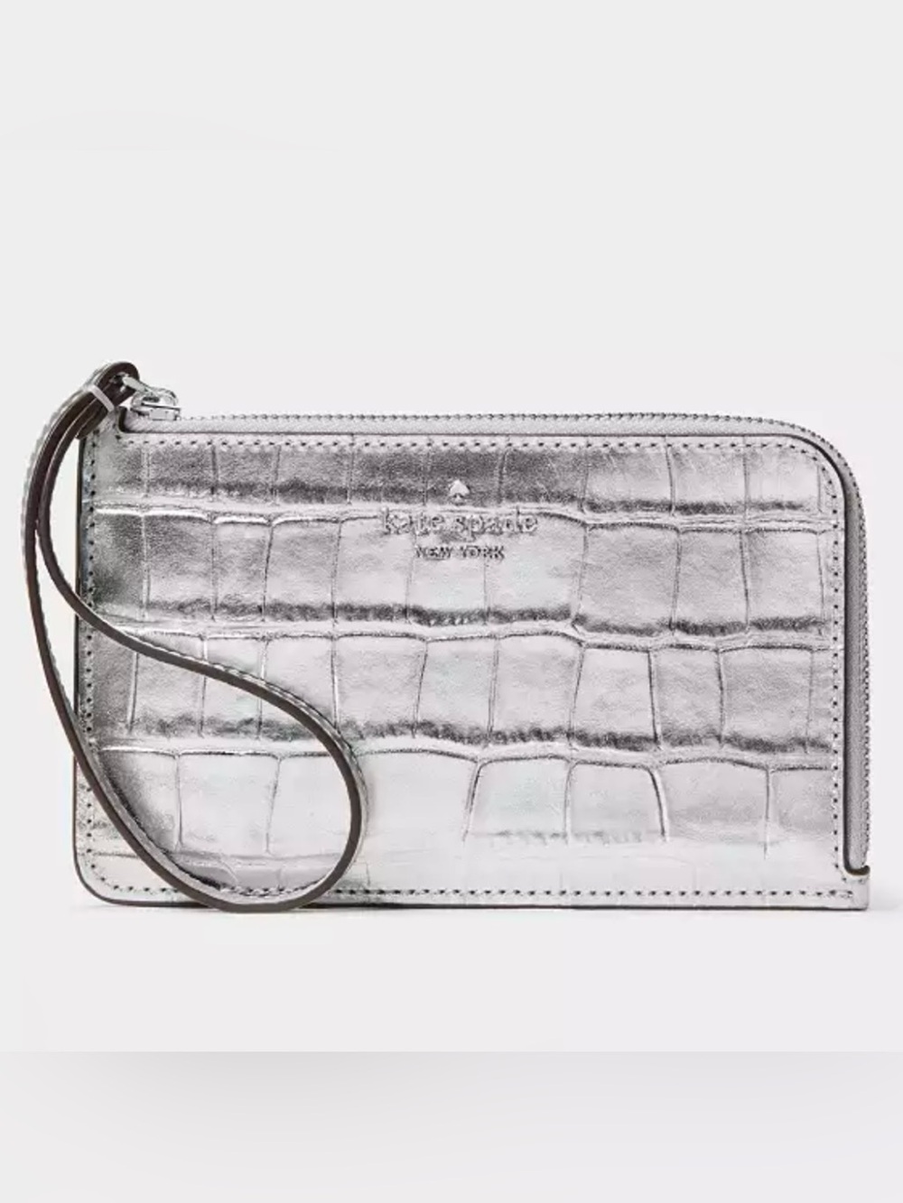 Kate Spade *NWT* Lucy Croc Embossed Small L-Zip Card Holder Wristlet Silver - Picture 6 of 9